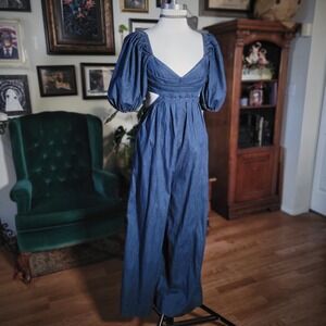 Free People Denim Jumpsuit Wide Leg Puff Sleeve Cutout Bodysuit